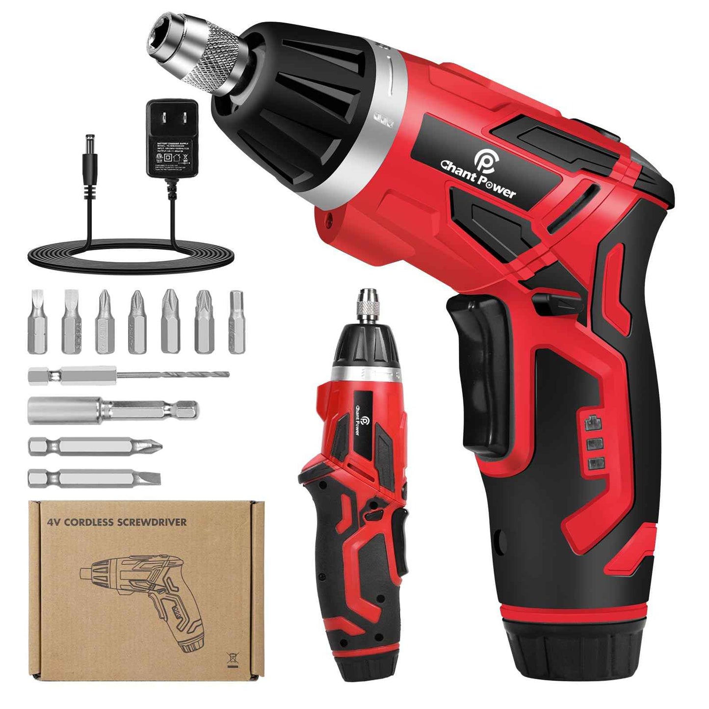 C P CHANTPOWER Cordless Electric Screwdriver Set，6+1 Torque Gears,1/4'' Hex Self-Lock Chuck, 4V Rechargeable lightweight Screwdriver with 11 pcs Accessories, Flashlight, Charger Red