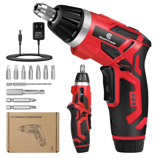 C P CHANTPOWER Cordless Electric Screwdriver Set，6+1 Torque Gears,1/4'' Hex Self-Lock Chuck, 4V Rechargeable lightweight Screwdriver with 11 pcs Accessories, Flashlight, Charger Red