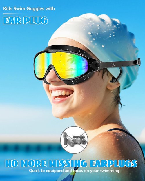Aegend Kids Swim Goggles - Anti-Fog, UV Protection, No Leak Design | 2 Pack with Ear Plugs for Ages 3-14