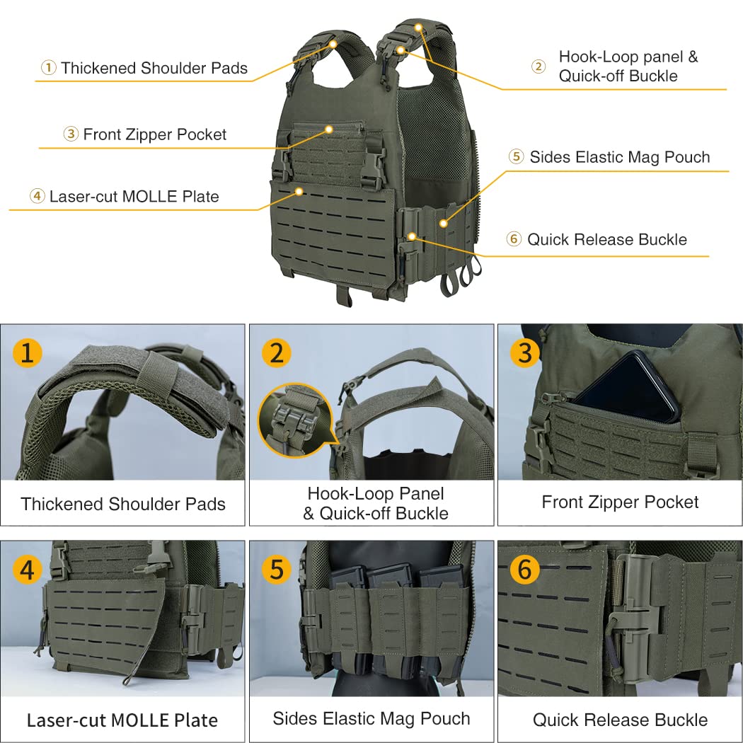 IDOGEAR Tactical Vest Molle Combat Airsoft camouflage Paintball Vest CS Outdoor Modular Chest Set Adjustable Lightweight （Ranger Green）