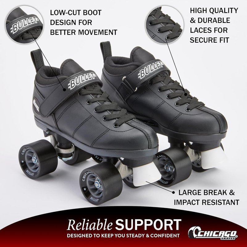 Chicago Skates Bullet Speed Roller Skates – Adjustable Quad Roller Skates Women Men, Durable Top Performance with Front Stopper, 62mm Urethane Wheels, Low-Cut Ankle Boot, Smooth Rolling,Indoor Outdoor