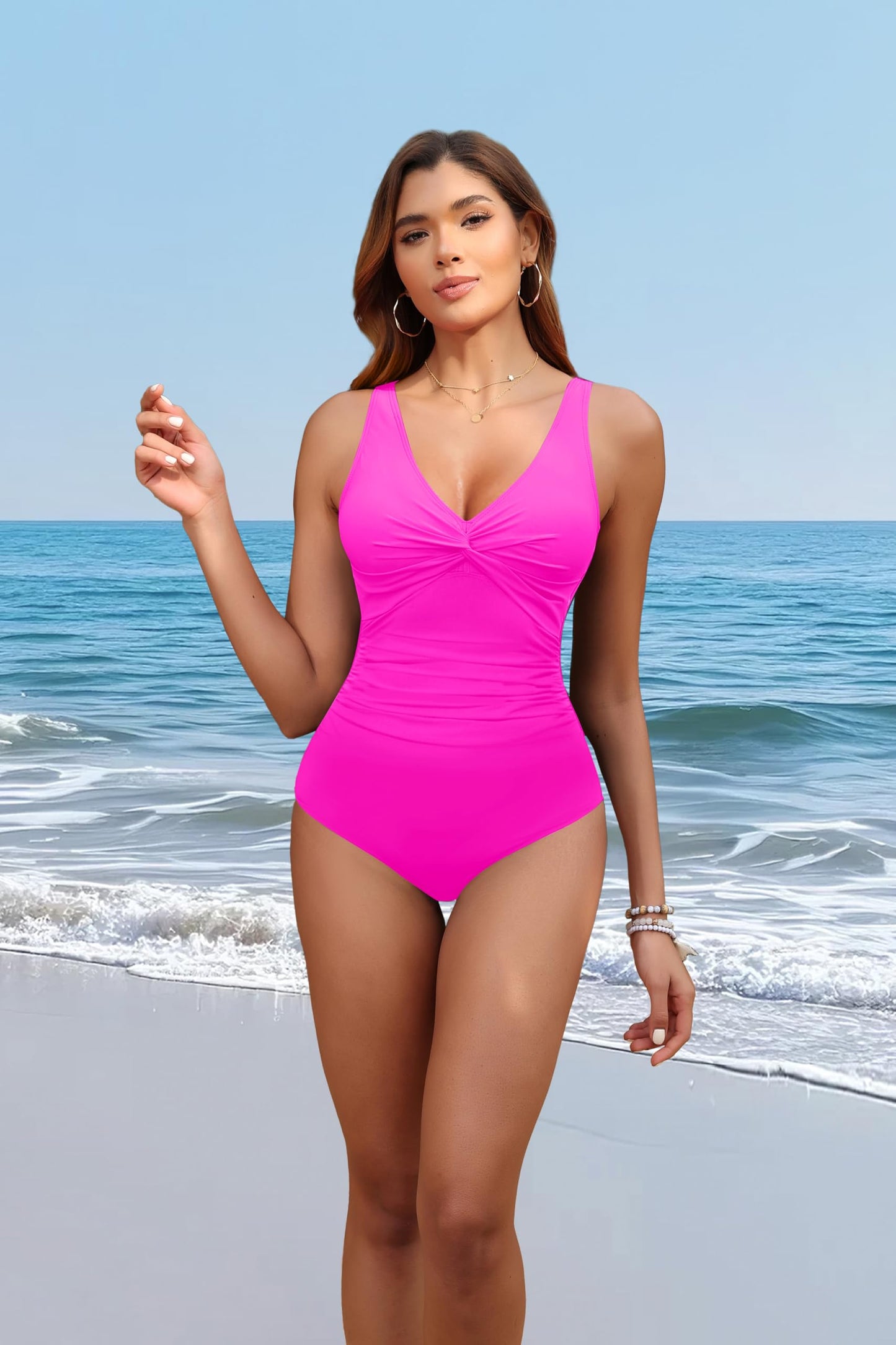 Holipick Hot Pink Plus Size Women Tummy Control One Piece Swimsuit - Push Up Bathing Suit Full Coverage Slimming Swimwear 22 Plus (US 22W)