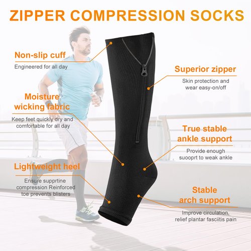 4 Pairs Zipper Compression Socks Women & Men, Toeless Compression Socks, 15-20mmhg Knee High, Anti-Pinch Zipper for Varicose Veins, Elderly, Pregnancy, Nurses, Travel(Large-X-Large)