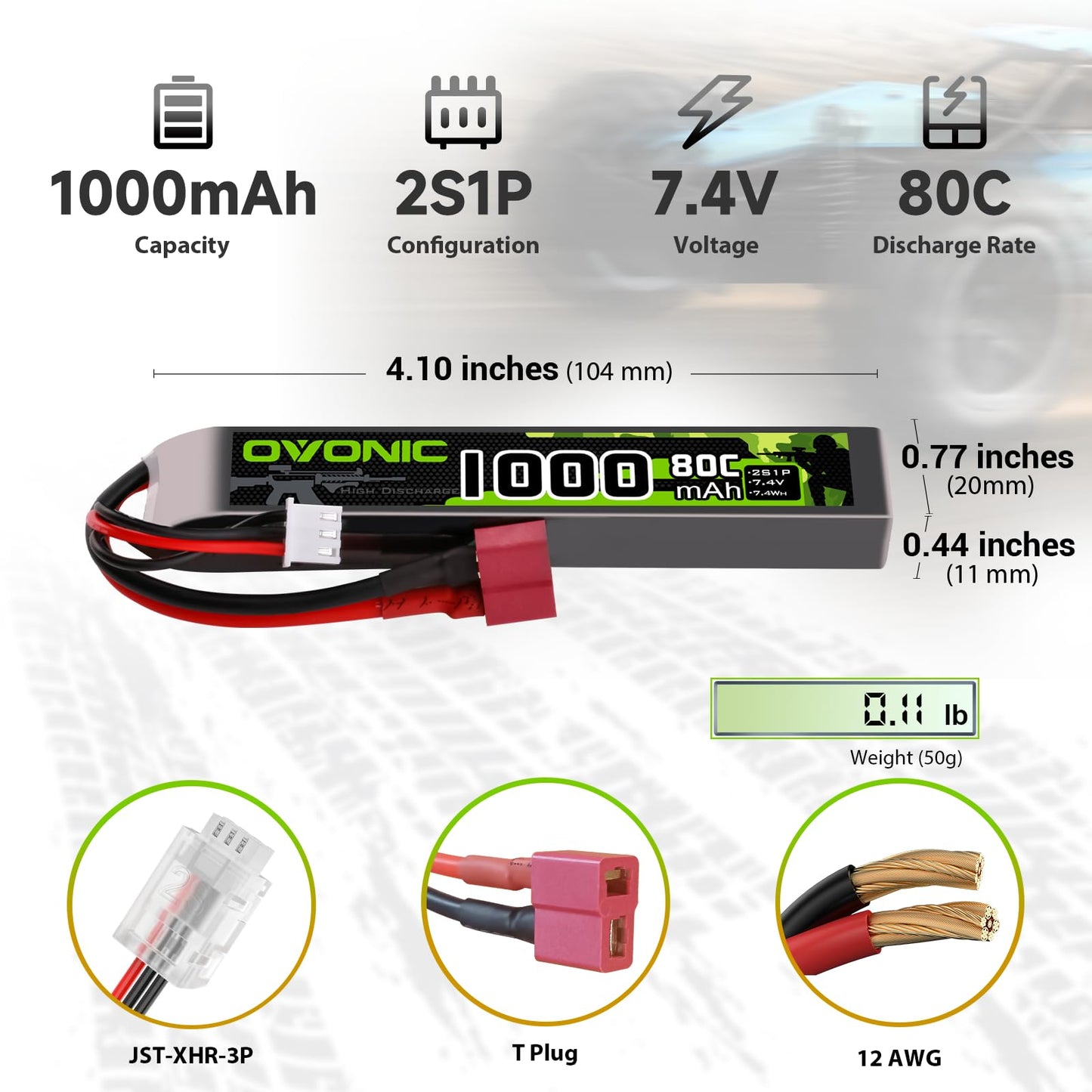 OVONIC 2s Lipo Battery 7.4V 1000mAh 80C with Dean-Style T Plug Lipo Battery for Airsoft Guns(2PCS)