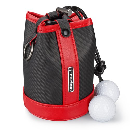 T-carbon Travel Gear Professional Valuables Golf Pouch;Bucket Waist Design Bag with Drawstrings;Carbon Fiber and Leather Golf Tee Bag for Glofers Men Women Very Practical RED