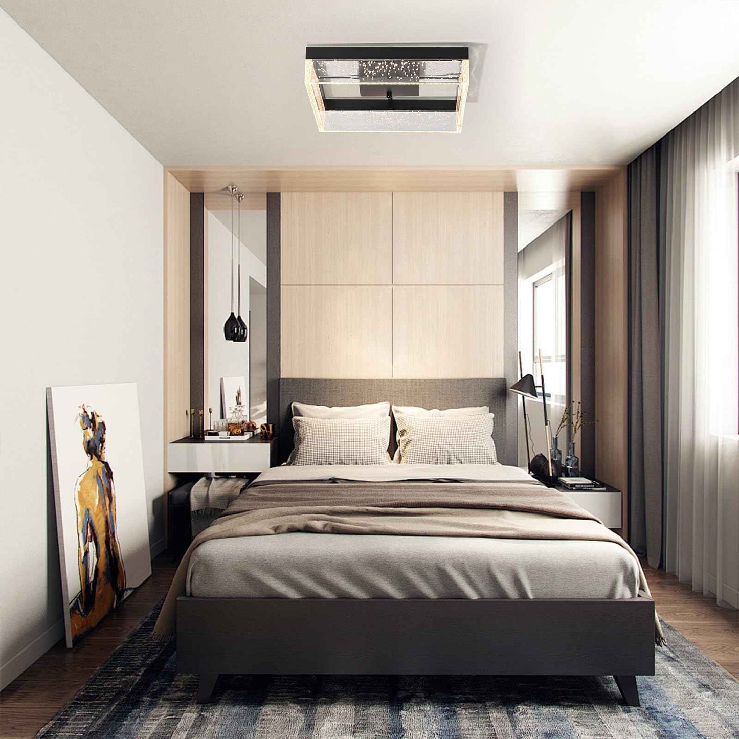 Qcyuui LED Flush Mount Ceiling Light, 11.81in 20W Modern Ceiling Light with Clear Bubble Acrylic,Square LED Ceiling Lamp for Kitchen Hallway Closet Living Room Bedroom, Black, 3000K Dimmable