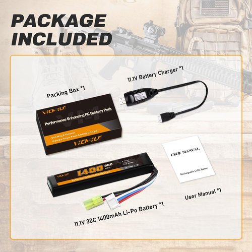 3S Airsoft Battery - 30C 11.1V 1400mAh Mini Tamiya Plug with USB Charger | Compatible with Most Airsoft Guns