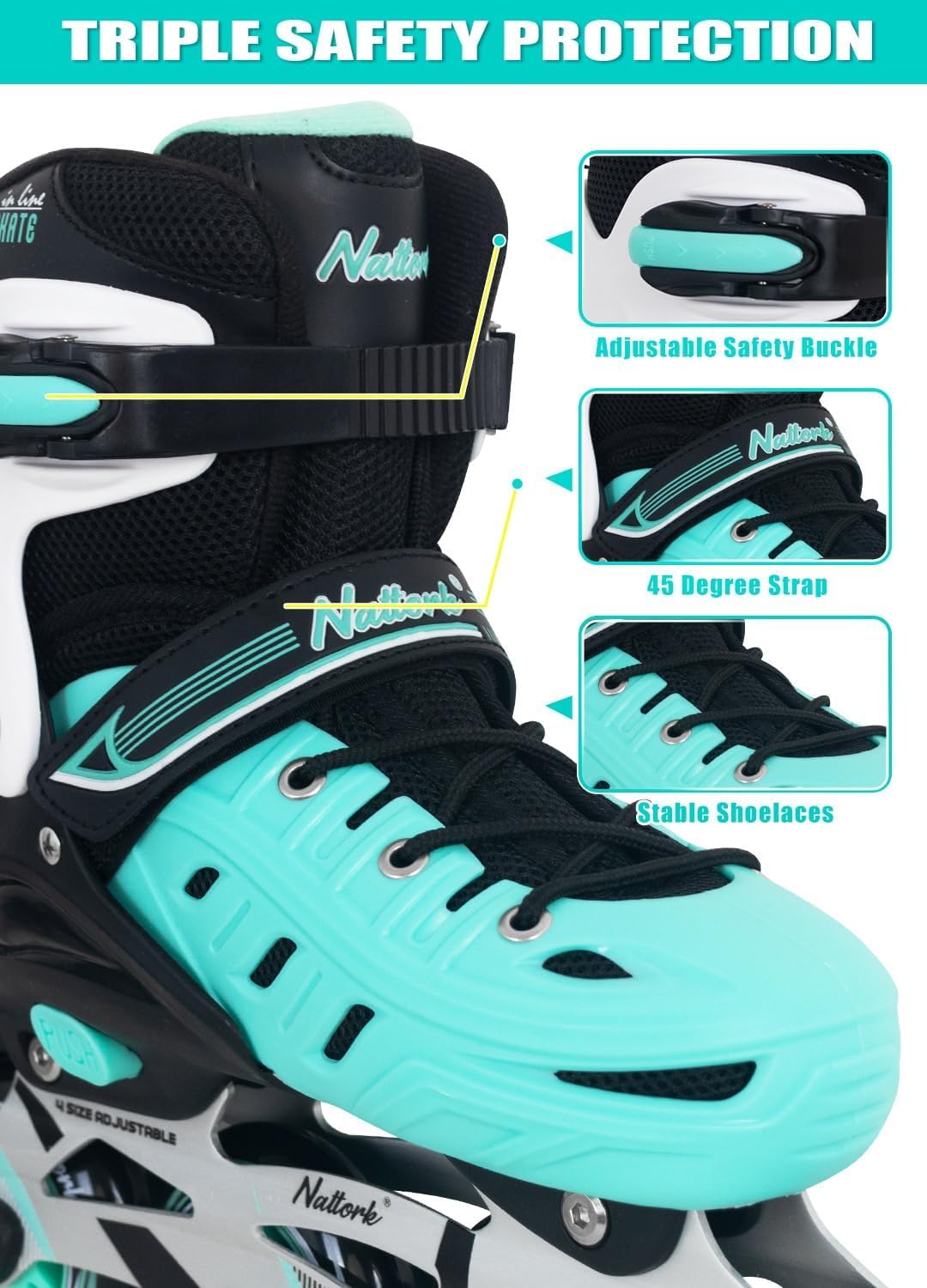 Teal Inline Skates for Youth Girls Women, 4 Sizes Adjustable Blades Roller Skates with Ankle Support, Adjustable Strap, 84mm Wheels and Soft Boot Fit for Skating, Roller Derby, Street Hockey