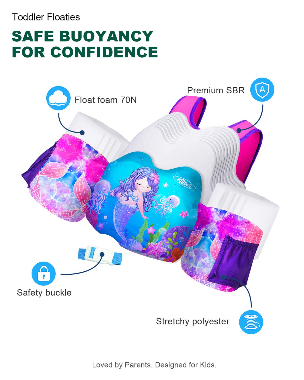 AEOCOO Puddle Float Jumper 30-50-60-70 Pounds, Toddler Swim Vest for 2-3-5-7 Years Old, Pool Floats with Swimming Arm Floaties Swim Jacket for Kids Swimmies, Boys, Girls, Niños, Mermaid
