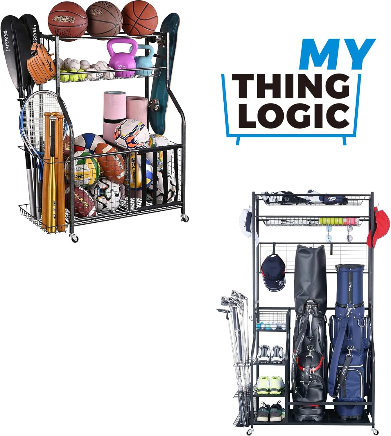 Mythinglogic Sports Equipment Organizer - Large Capacity Storage with Hooks & Baskets for Garage