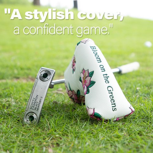Golf Putter Cover Blade Putter Headcover Azalea Embroidery Golf Club Covers Leather Golf Blade Putter Cover with Magnetic Fit Most Brand (White)