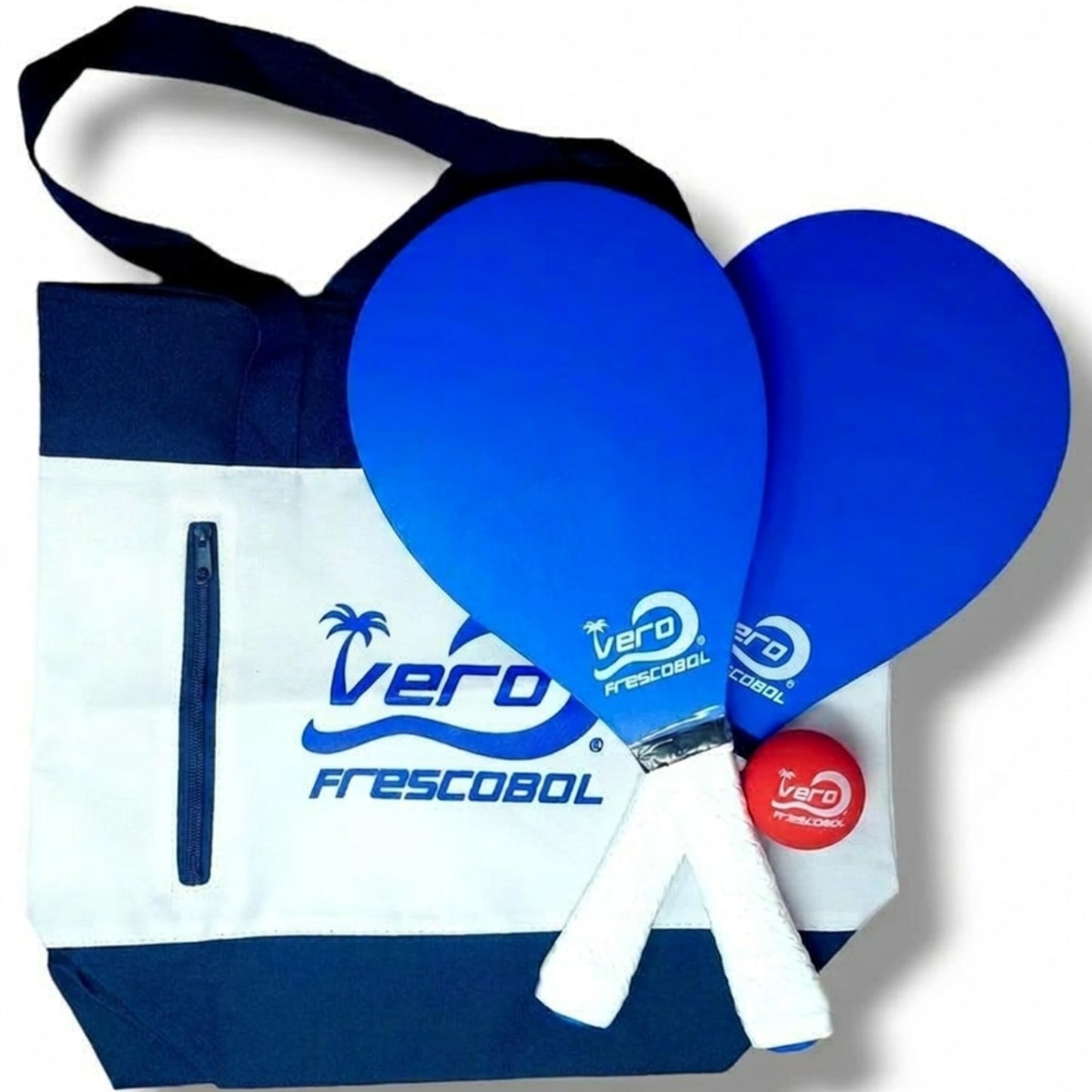 Frescobol Starter Set – 2 Vero Wood Beach Paddles with Premium White Padded Grips, Beach Bag, 2 Official Red Balls