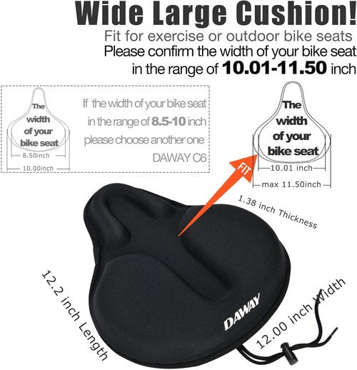 DAWAY Bike Seat Cover - Comfortable Silicone Gel & Memory Foam Cushion for Men & Women | Fits Peloton, Stationary & Mountain Bikes - XL/Large/Small