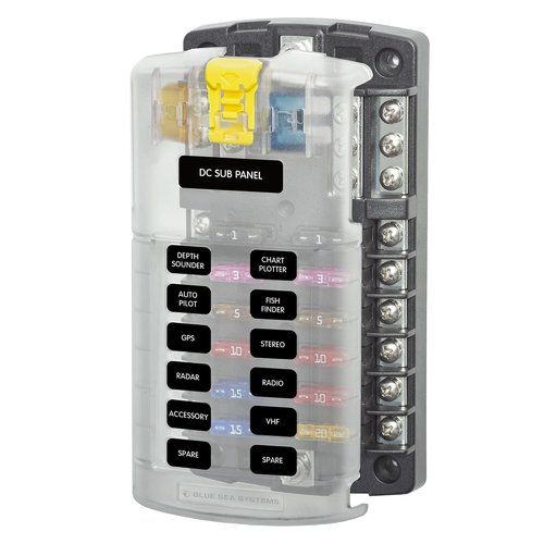 Blue Sea Systems ST Blade Fuse Block - 12 Circuit with Ground & Cover, 100 Amps, Model 5026