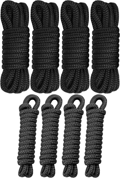 Marine Grade Dock Lines & Fender Lines Bundle - 1/2" x 15ft & 3/8" x 6ft | Double Braided Nylon, 4 Pack