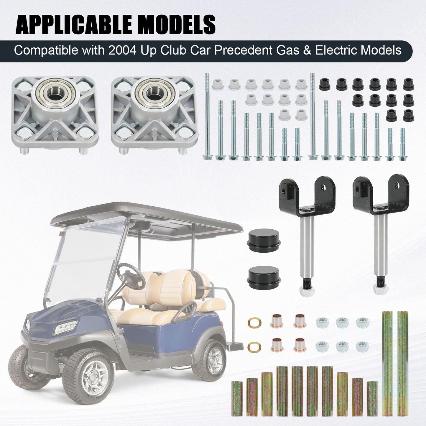 RADHLBNIU Golf Cart Front End Repair Kit Compatible with 2004 Up Club Car Precedent Gas Electric, Front Wheel Hub King Pin Bearing Bushings Full Sets Replace# 102357701 102289701 102288101 102288401