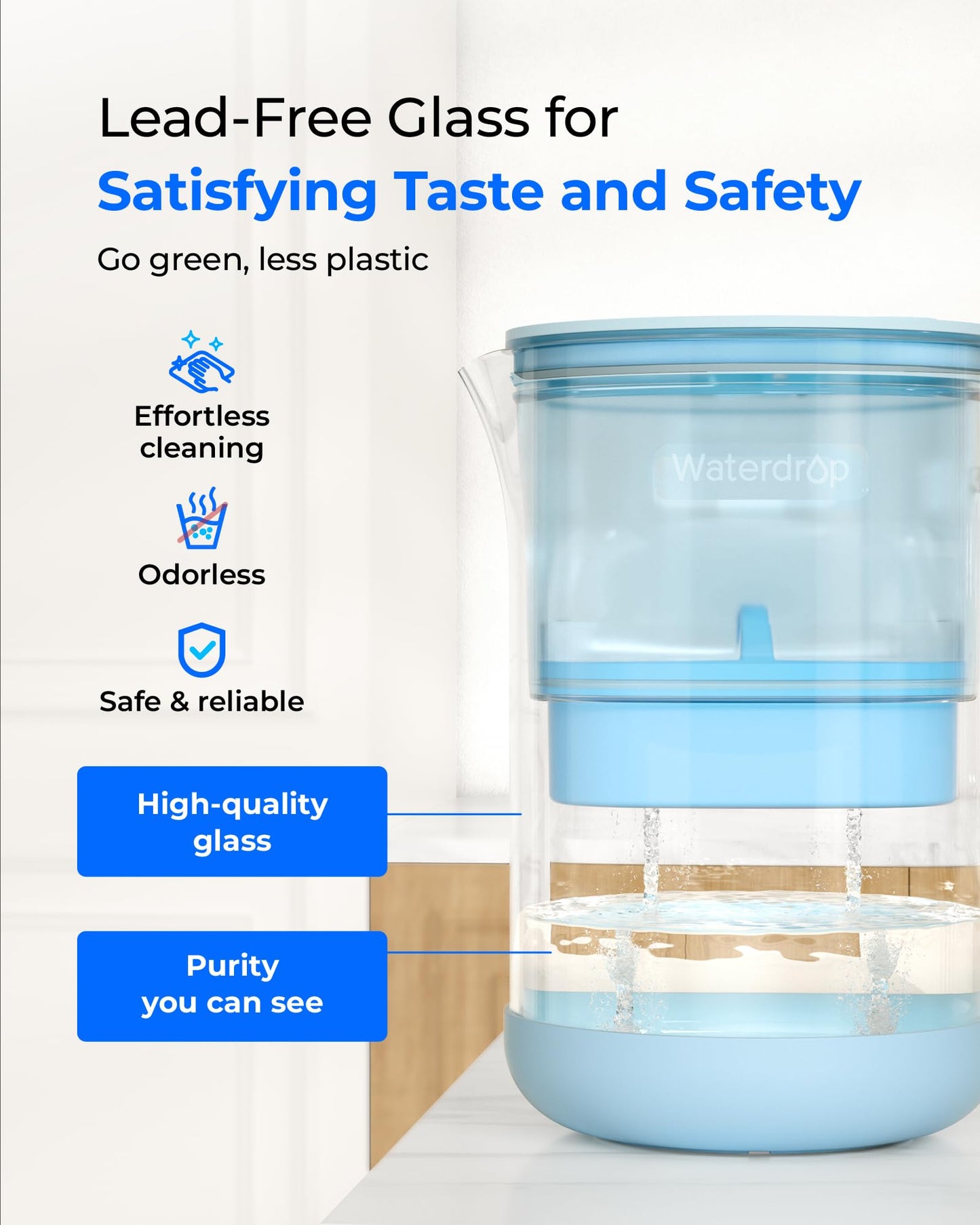 Waterdrop Large Glass Alkaline Water Filter Pitcher with 1 Filter, Enhances Alkaline Water, Eco-Friendly, 10-Cup, for Home and Office, Reduces PFOA/PFOS, Chlorine, Cadmium, Copper, Mercury, Blue