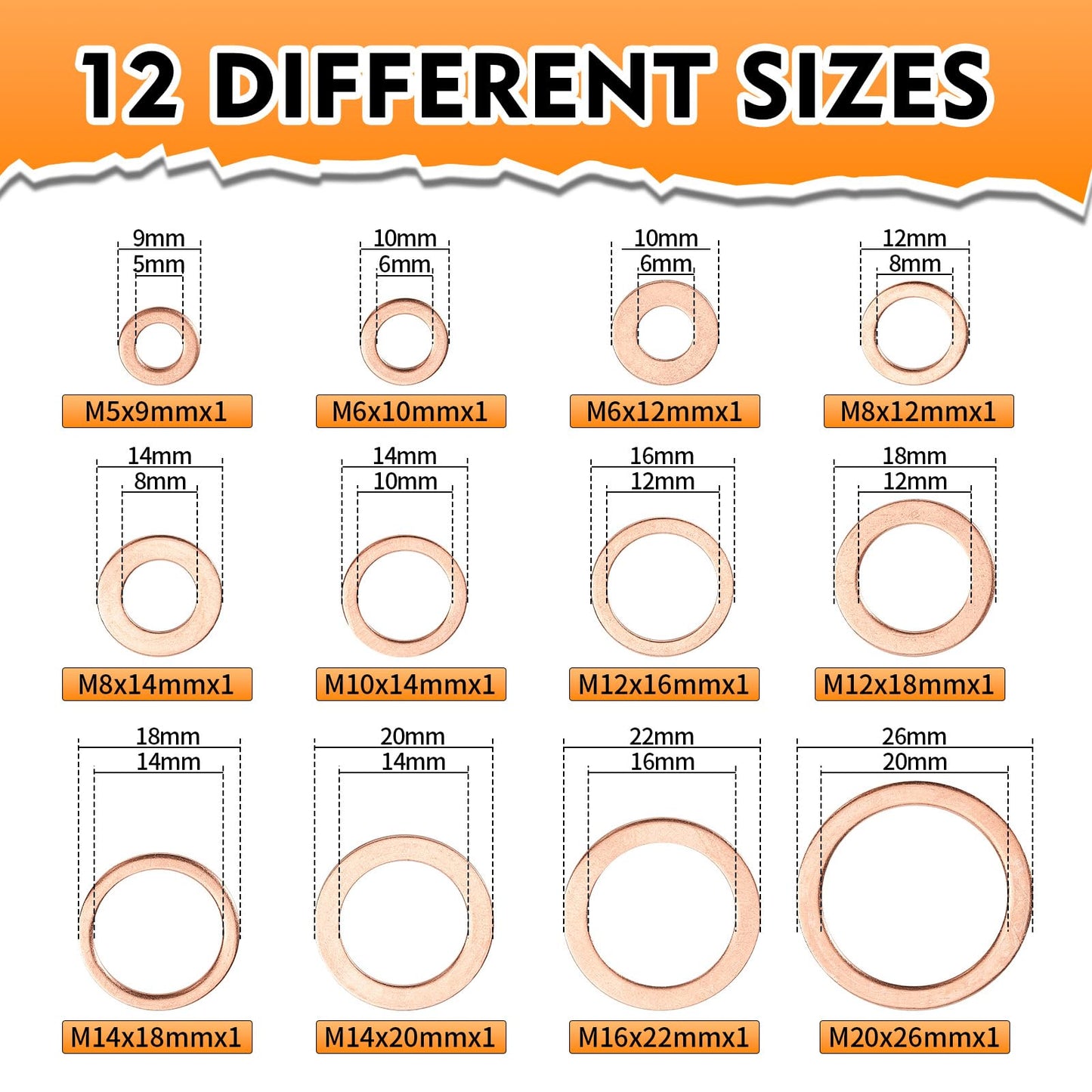 330 Pcs Copper Washers Assortment Kit – 12 Sizes Flat Sealing Crush Washers (M5-M20) for Automotive, Plumbing, and Mechanical Use