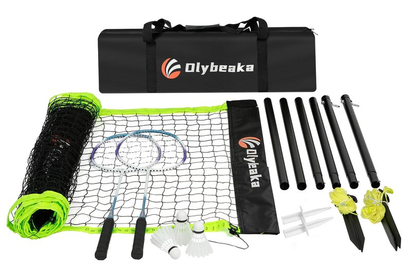 12ft Badminton Net Set for Backyard Beach with Durable Anti-Sagging Net, Heavy Duty Poles, 2 Aluminum Badminton Rackets, 3 Shuttlecocks, Carry Bag - Easy Setup & High Stable (Black and Green, 12ft)