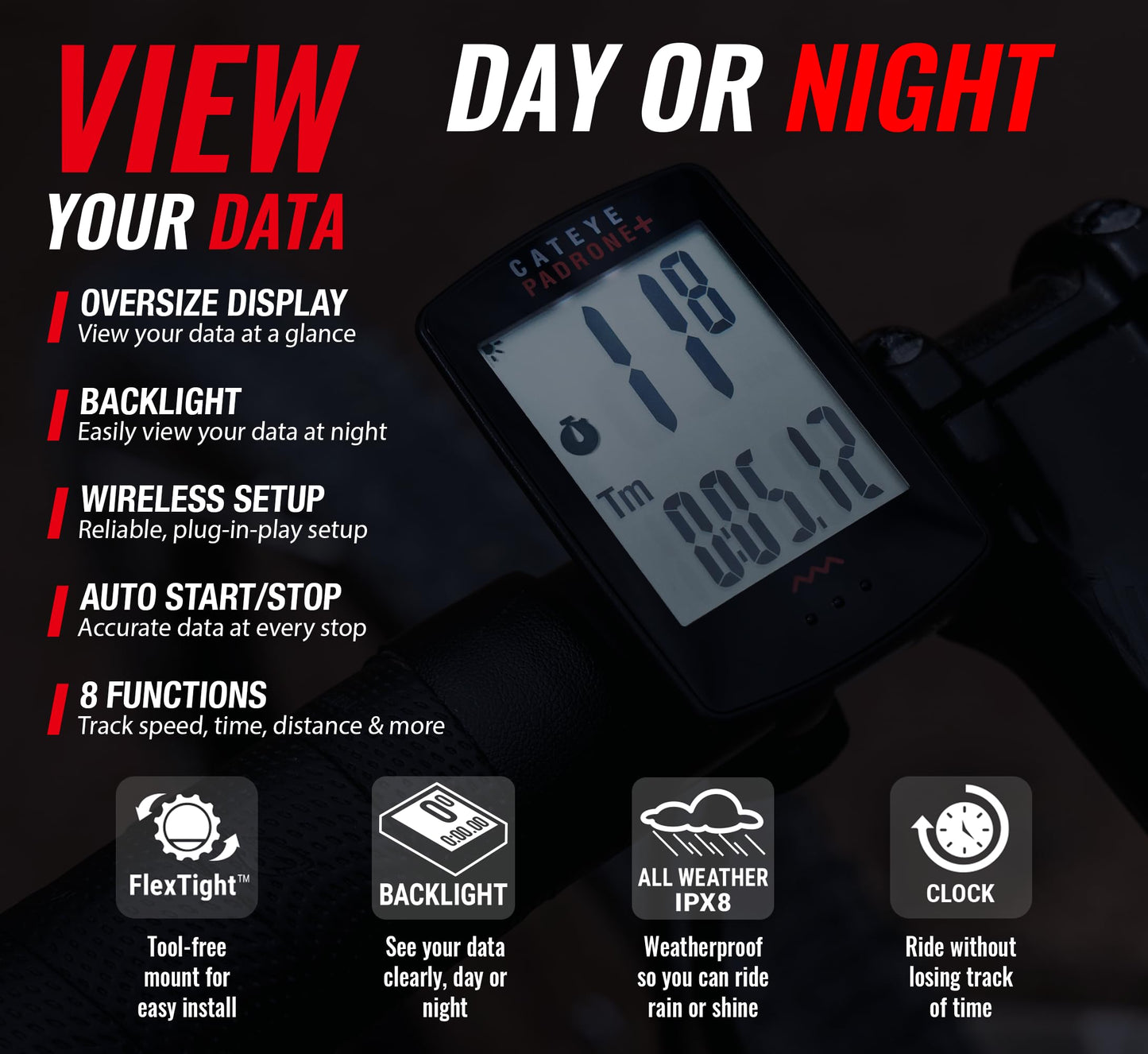CATEYE Padrone Plus Bike Computer – Oversized Display Cyclocomputer, Wireless Speed Tracking for Cyclists, FlexTight™ Mount, Automatic Start/Stop, Backlight Display with Night Mode