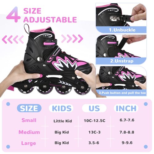 TOMSHOO Adjustable Inline Skates for Kids Outdoor Roller Skates with Full Light Up Wheels Fun Illuminating Skates for Girls and Boys Gift (Pink, Medium - Big Kid (13C-3))