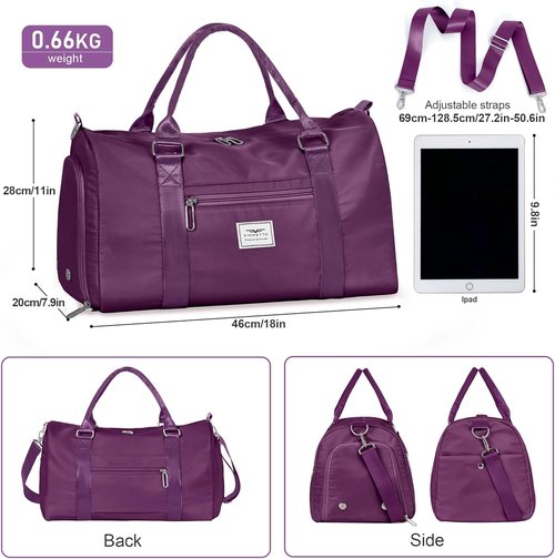 FIORETTO Women's Gym Tote Duffle Bag - Wet Pocket & Shoe Compartment | Dark Purple Sports Bag for Travel & Workouts