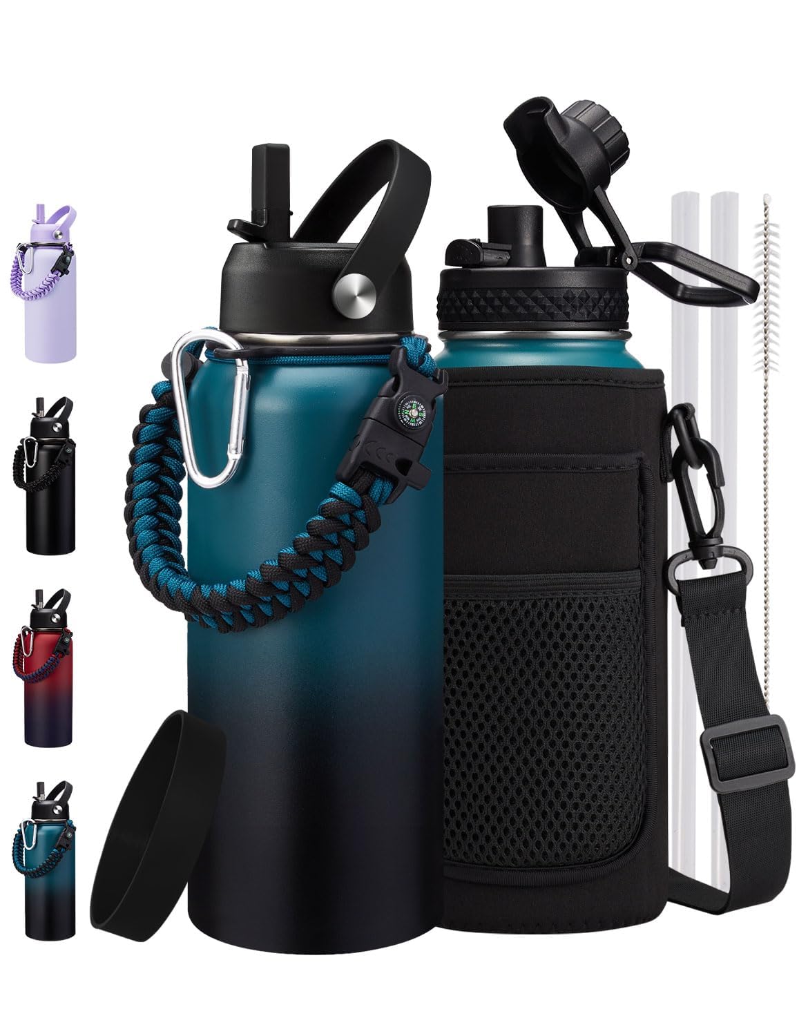 32oz 40oz 64oz Water Bottle - with Straw & Auto Spout Lids, Carrier Bag & Paracord Handle, Stainless Steel Water Bottles 32 OZ Thermal Flask for Sport Work Travel, Cold-48Hrs Hot-24Hrs