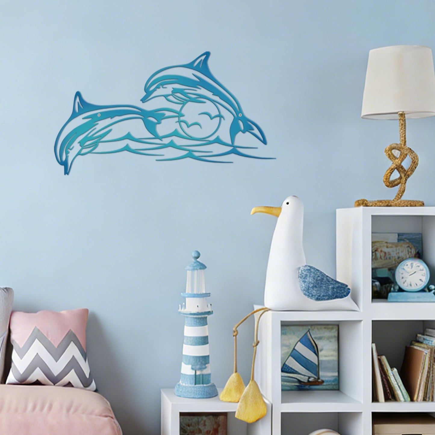 Resama Dolphin Metal Wall Decor – Nautical Wall Sculpture for Bathroom and Home – Durable Marine Animal Art, Ocean Fish Wall Hanging, Dolphin Wall Art, Coastal Decor & Unique Gift Idea (Blue)