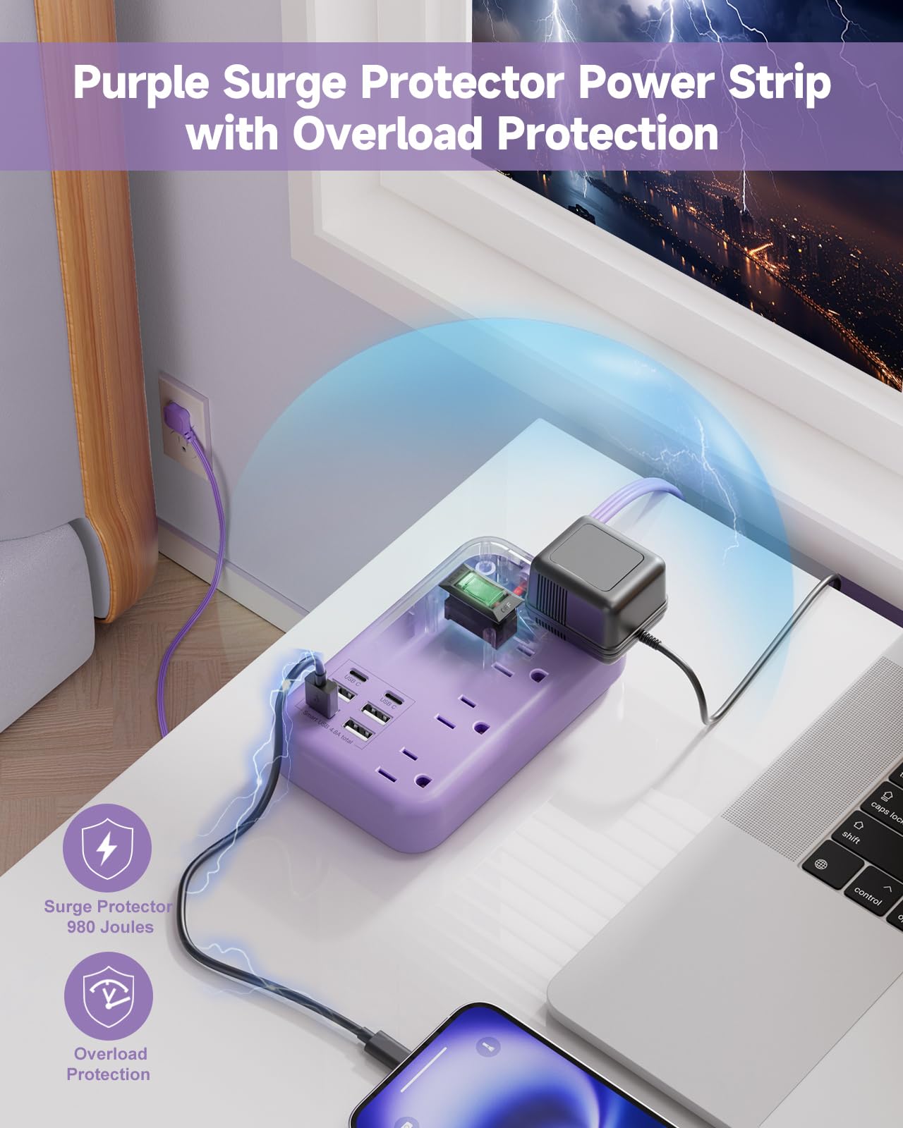6 USB(2 USB C) Purple Travel Power Strip- 5Ft Lavender Extension Cord with 24W USB Charging Station and 4 Outlets, Purple Desk Accessories with Surge Protector for Cute Kawaii Office Dorm Room