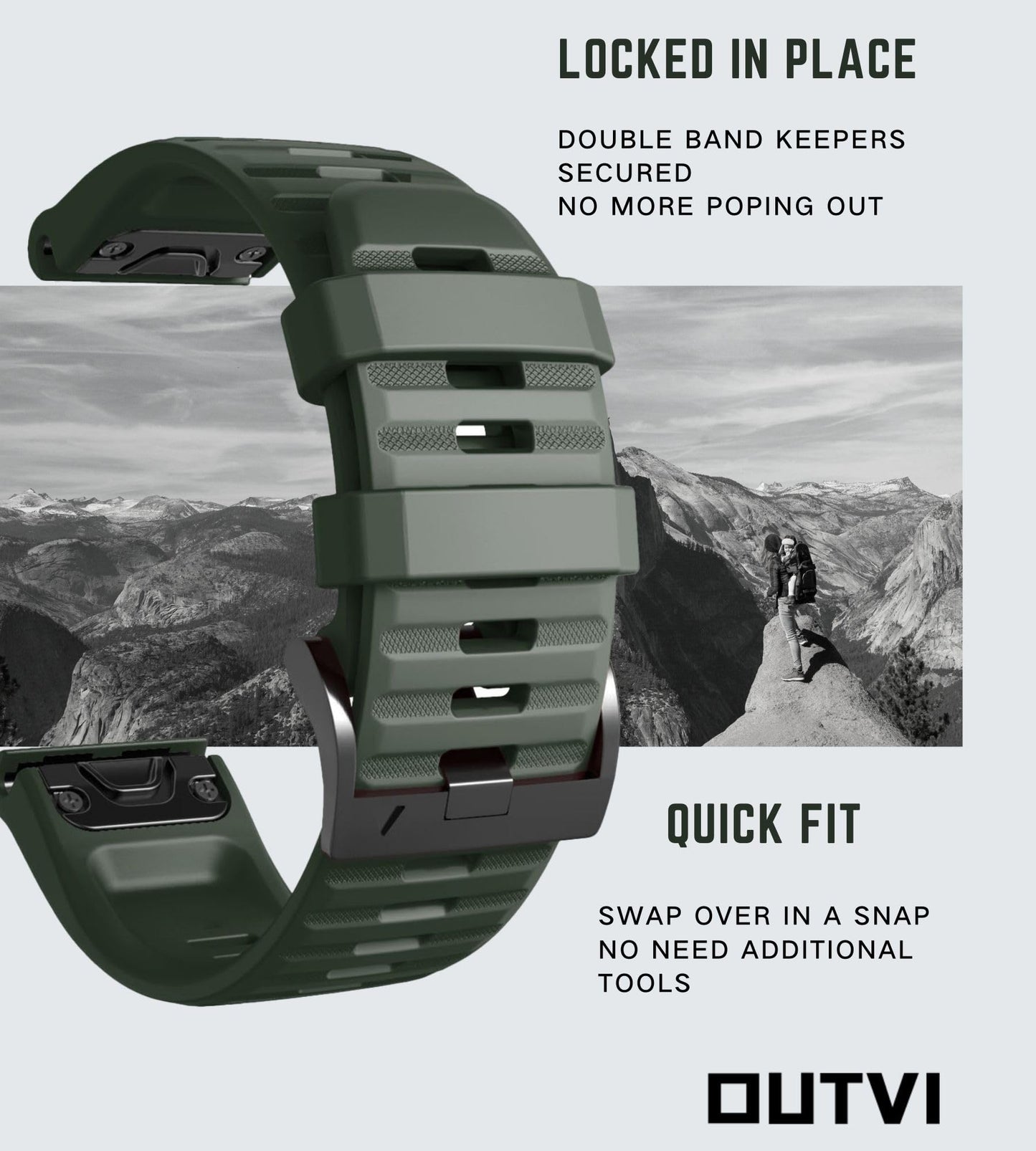 OUTVI 26mm watch band compatible with garmin fenix 5x 6x Pro 7x 3 hr rugged silicone quick fit 26 strap replacement for Epix Pro Gen 2 51mm Enduro 2 Descent Mk2 Mk2i Mk3i tactix men women Army Green