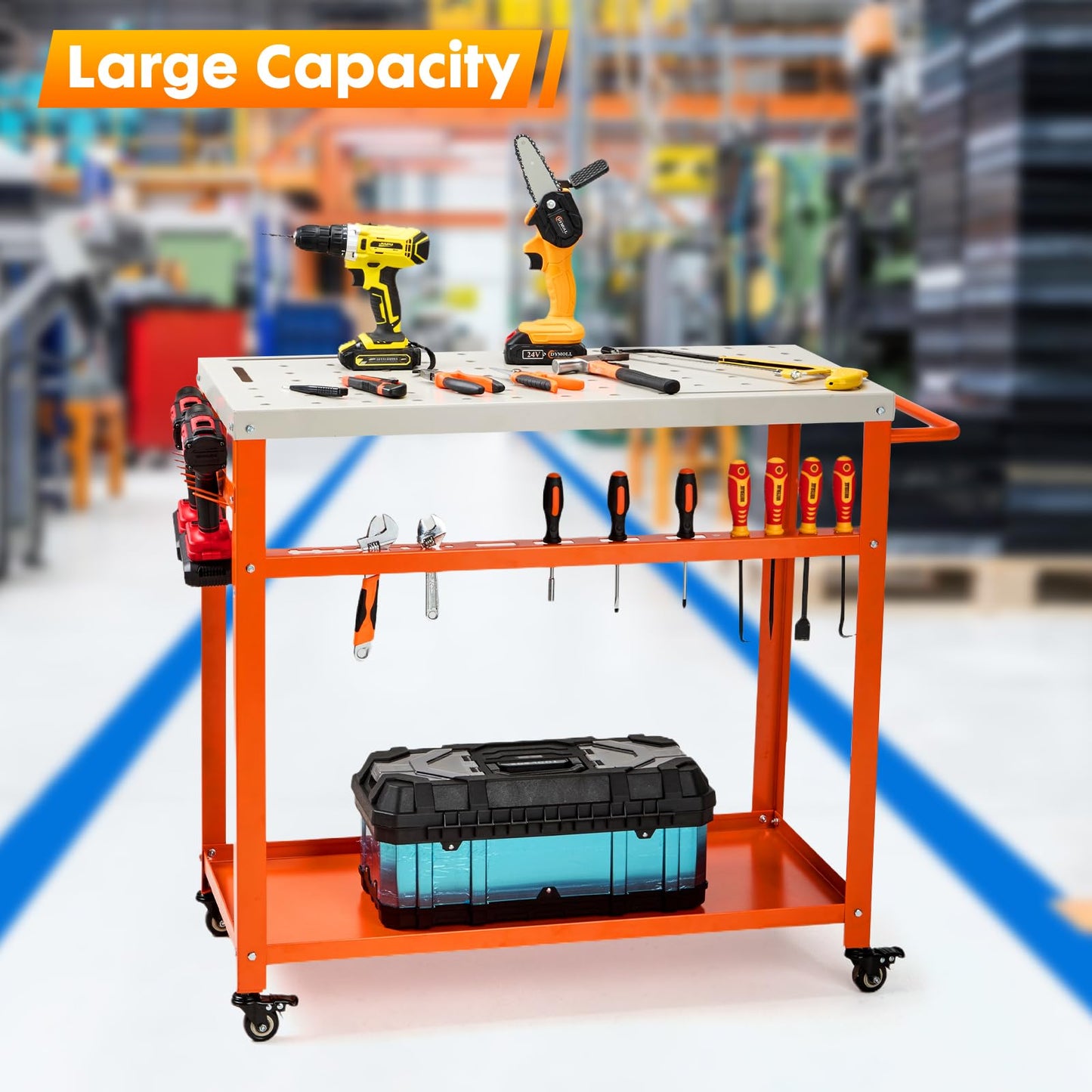 GVGBUK Movable Workbench Table,35.8“x 18.1”Welding Table,1200LBS Static Weight Capacity,Sawhorse Tool Slots and Fixture Holes（5/8-inch Fixture Holes）,4 Wheels (4 with Brake)