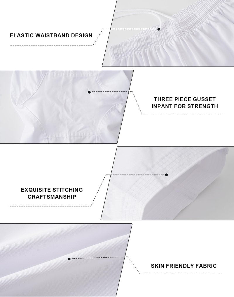 VKT Kids Youth Karate Pants Taekwondo Uniform White Gi Martial Arts Elastic Waist gi jiu Jitsu Trousers for Training or Competition White 130