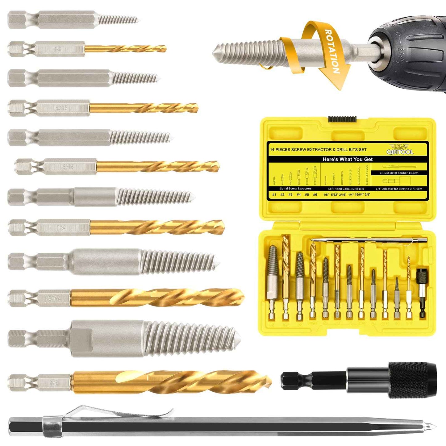 14-Pieces Screw Extractor and Left-Hand Drill Bit Set, Easy Out Broken Bolt Remover Reverse Cobalt HSS Steel Drill Kit, Ez Out Stripped, Rounded-Off, Damaged Bolts, Screws&Studs Removal Tool(Yellow)