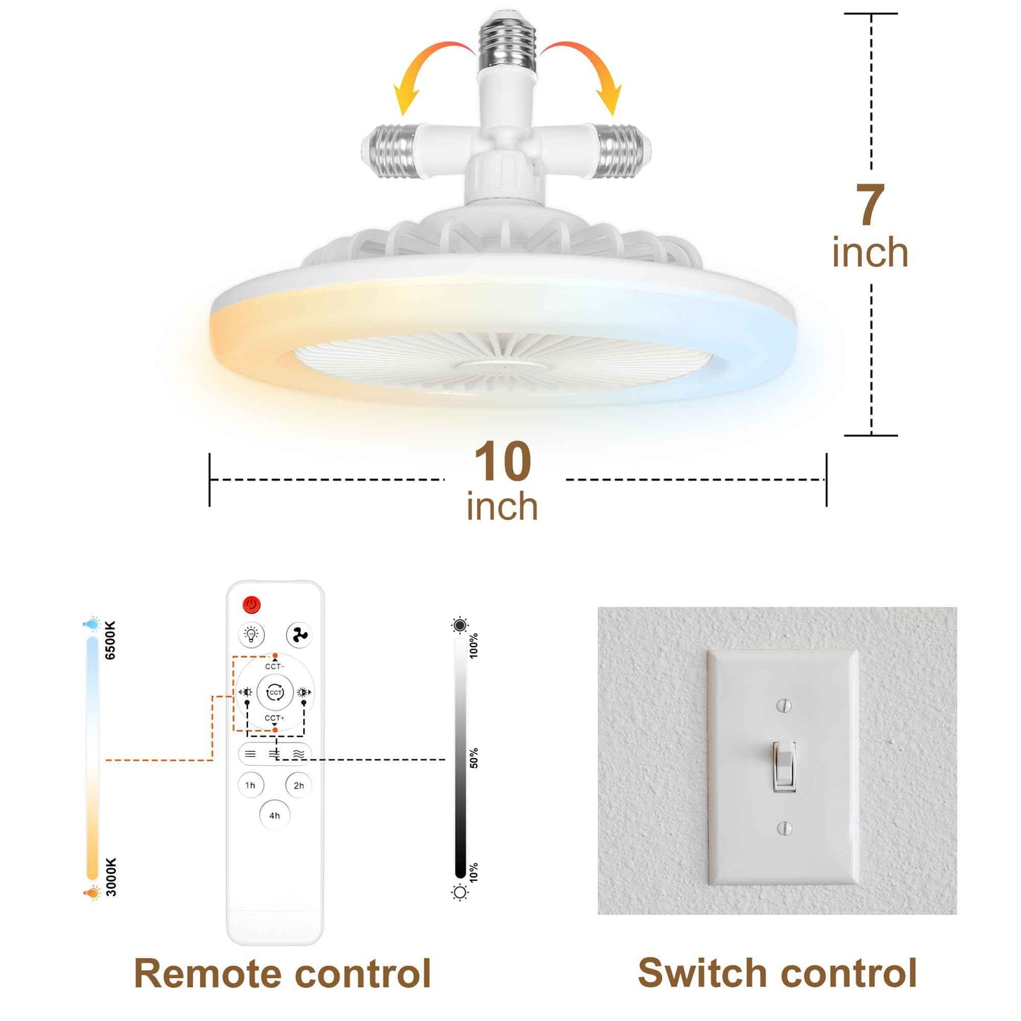 cambk Socket Ceiling Fan Light Screw in with 3 Color Temp, Low Profile Enclosed Dimmable Fanlight with Remote, 10 inch Small Adjustable White E27 LED Ceiling Lights for Bathroom/Bedroom/Garage