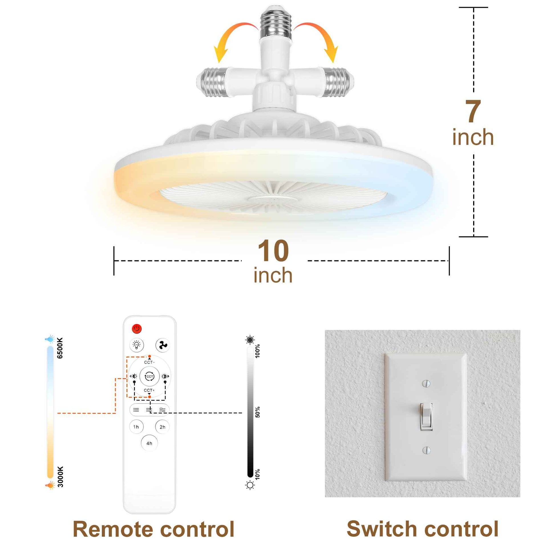 cambk Socket Ceiling Fan Light Screw in with 3 Color Temp, Low Profile Enclosed Dimmable Fanlight with Remote, 10 inch Small Adjustable White E27 LED Ceiling Lights for Bathroom/Bedroom/Garage
