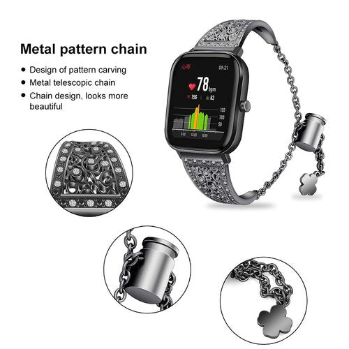 FitTurn Compatible with Amazfit Bip 6/Bip 5/Pace/Cheetah/Stratos 2 3/GTR 4/GTR 3/GTR 3 Pro/GTR 2/GTR 2e/GTR 47mm Band, Replacement Bling Metal Strap Stainless Steel Metal Jewelry Bangle Wrist Strap Bracelet Rhinestone (Black)