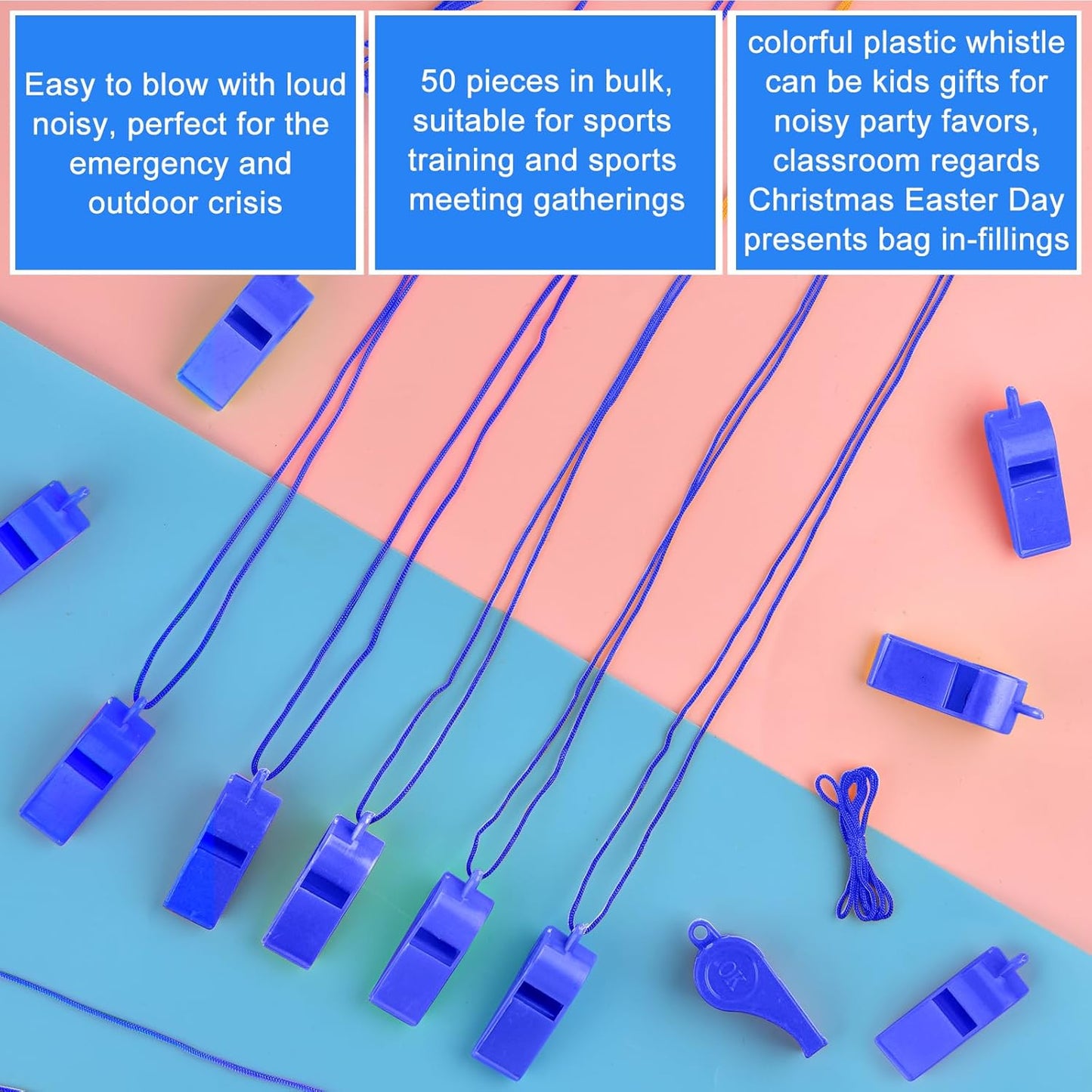 Zuazaor Plastic Whistles - 50 Pack with Lanyard | Loud Crisp Sound for Sports & Outdoor Events