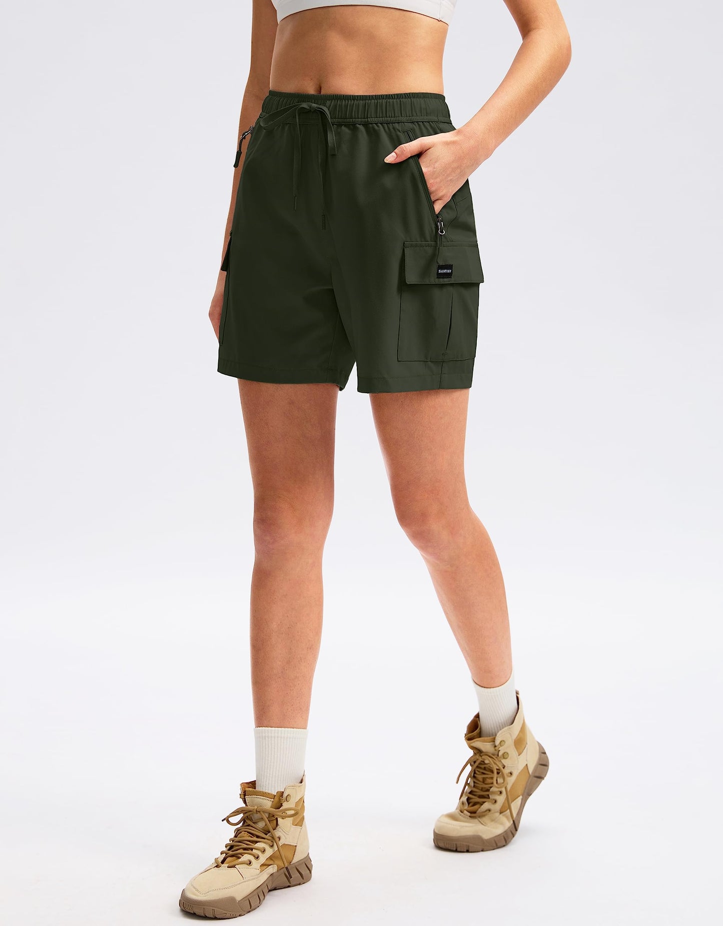 SANTINY Women's 5''/ 7''/9'' Hiking Cargo Shorts Quick Dry Lightweight Summer Shorts for Women Athletic Golf Zipper Pockets(Army Green_XS)