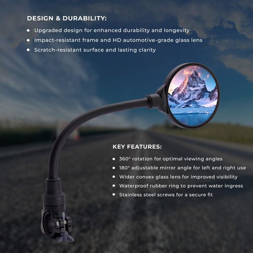 Bike Mirror Handlebar Mount (1 Pcs) 360° with 2 straps, Adjustable Bike Rear View Mirror with Anti-Glare, Shatterproof-mirrors for ebike, Scooter, Mountain & Road Bikes