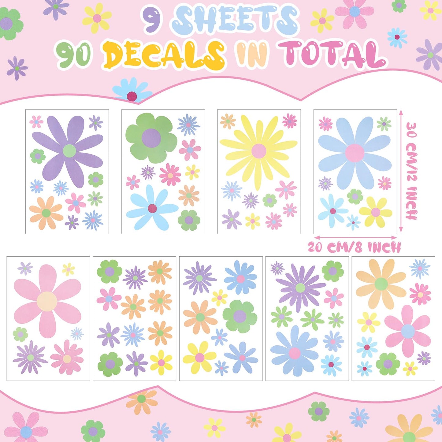 Kisston 90 Pcs Daisy Wall Decal Alphabet Vinyl Wall Decals Boho Decal Daisy Stickers Boho Groovy Floral Stickers for Nursery Art Bedroom Classroom(Pastel)