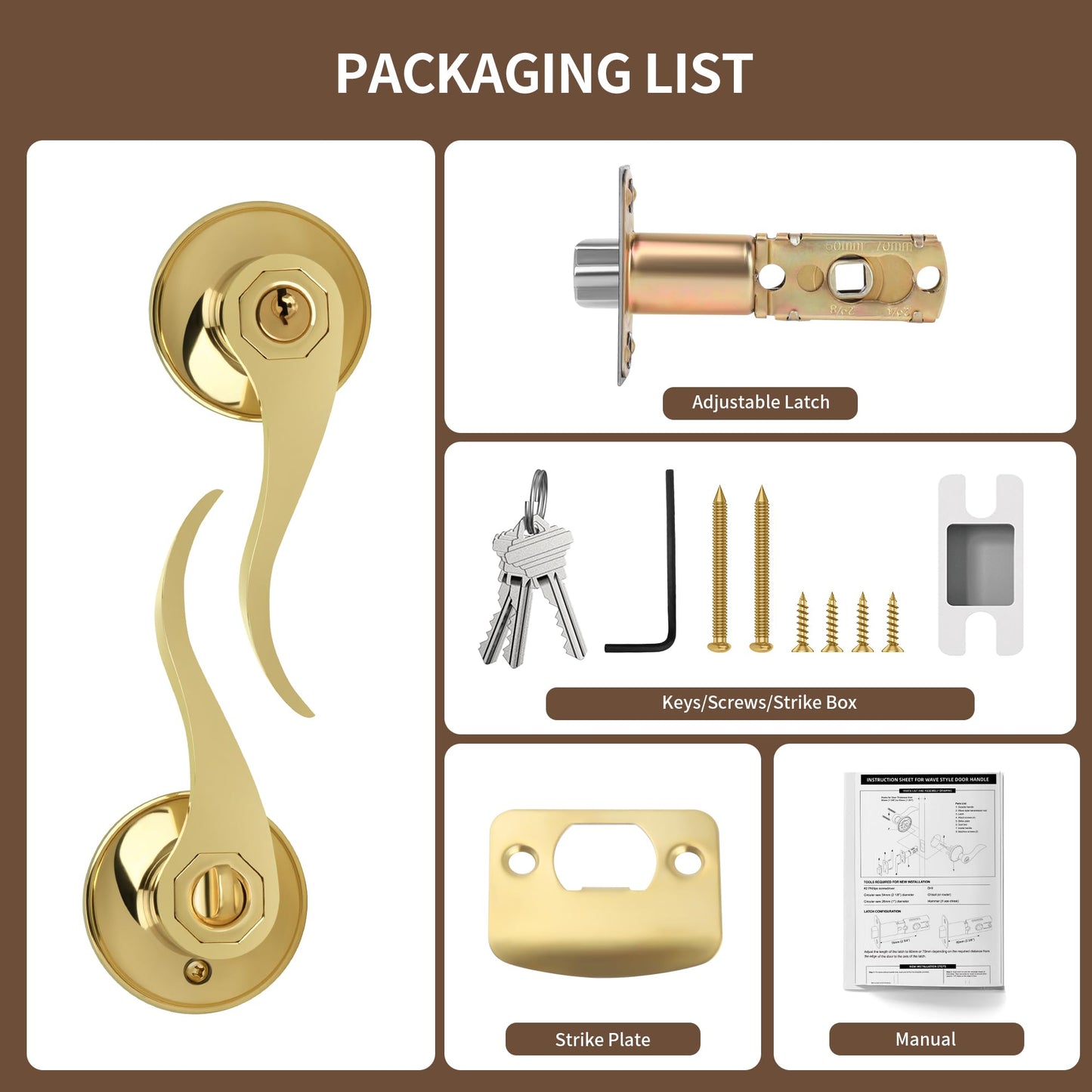 Moquin 5 Pack Wholesale Polished Brass Door Lever, Wave Design Keyed Entry Door Lever with Lock (Keyed-Not-Alike), Reversible Door Handle for Right/Left Side for Front/Entrance Door Lock