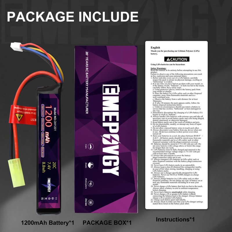 EMEPOVGY 2S Lipo Airsoft Battery 7.4V 1200mAh 20C Rechargeable Lithium Polymer Battery Pack with Mini TMY Plug for Airsoft Guns Rifle- 2096