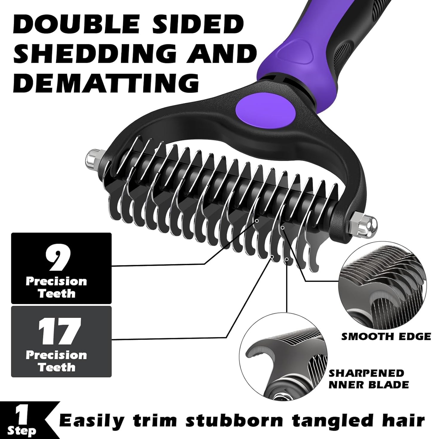 Skiennix Self-Cleaning Slicker Brush Set - Double-Sided Grooming Rake & Flea Comb for Dogs, Cats, Horses | Skin-Friendly Deshedding Tool (Purple)
