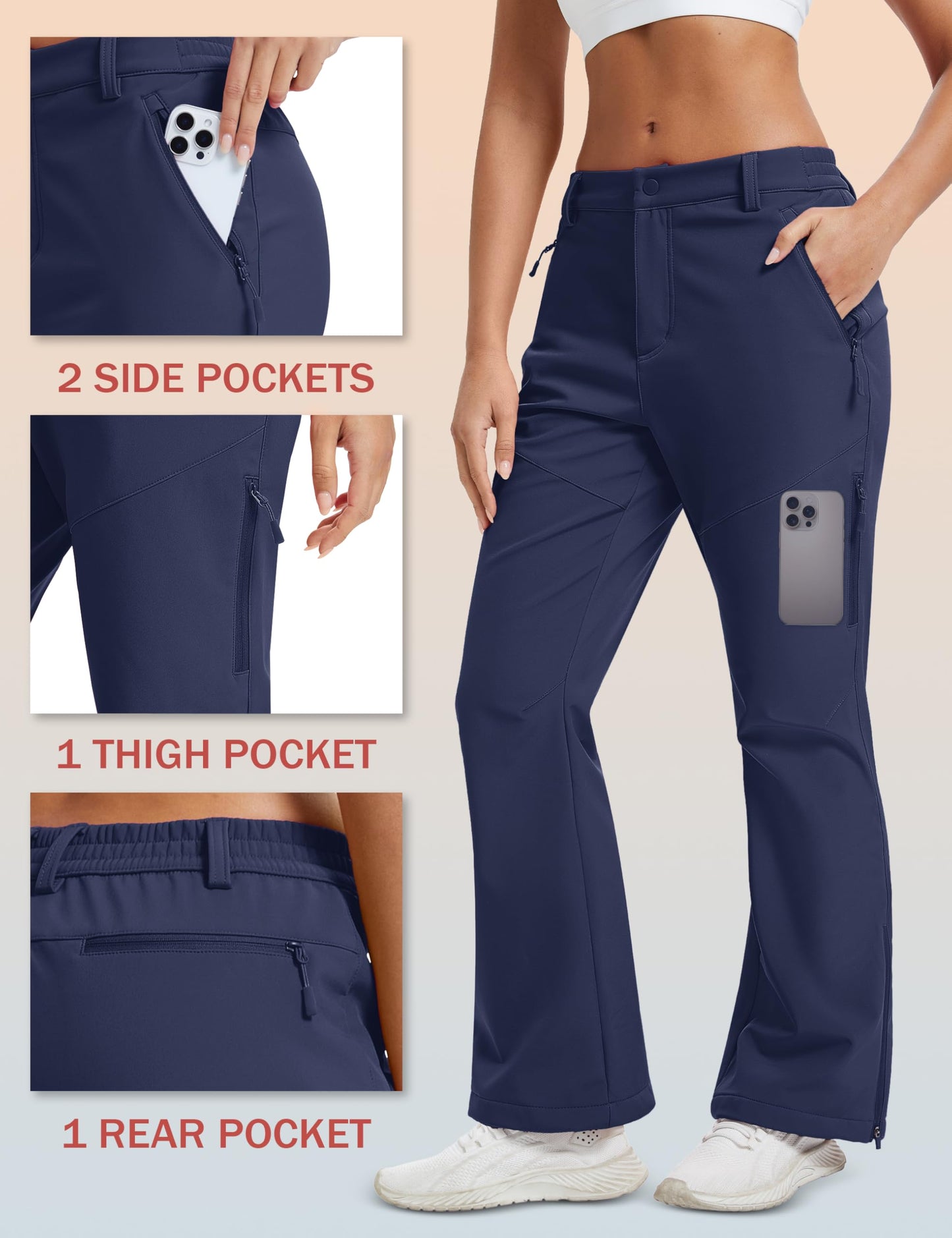 MAGCOMSEN Ski Pants Women Waterproof Insulated Snow Winter Outdoor Flare Pants Warm Fleece Rain Softshell Navy, 2XL