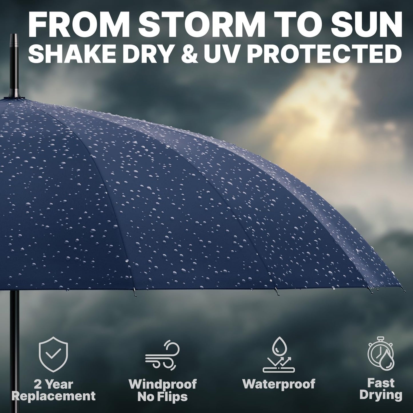 Royal Walk Large Windproof Umbrella for 2 - Navy Blue, 54 Inch, Auto Open, Wooden Handle