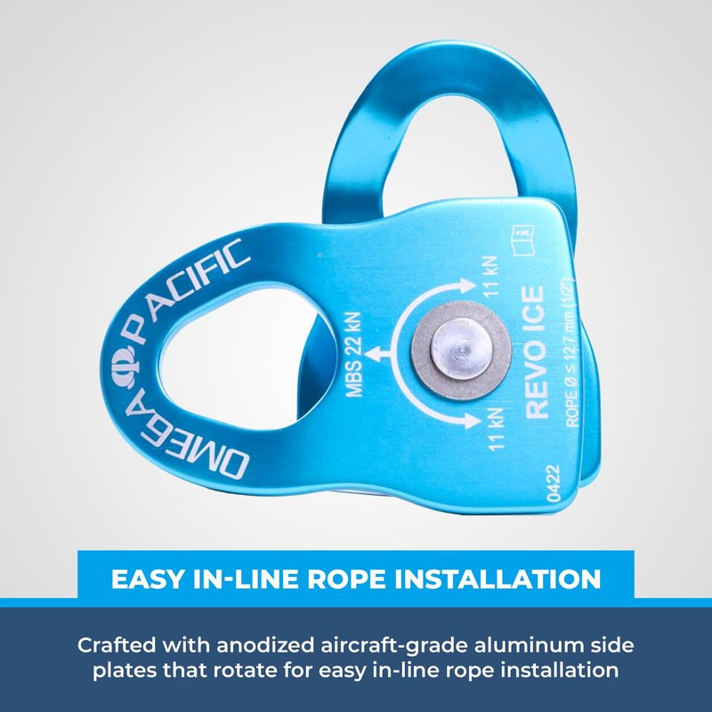 Omega Pacific Revo Ice Prusik Minding Micro Pulley | Lightweight Aircraft Aluminum & Stainless Steel | 1.8oz Design | Crevasse Rescue & Load Hauling Gear | Blue