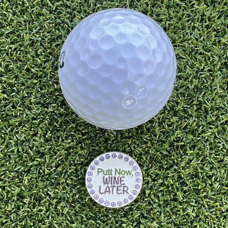 Giggle Golf Bling Golf Ball Marker with Magnetic Hat Clip – Putt Now Wine Later Sparkly Marker for Women Golfers – Fun Golf Gift with Organza Bag & Bonus Hand Cream