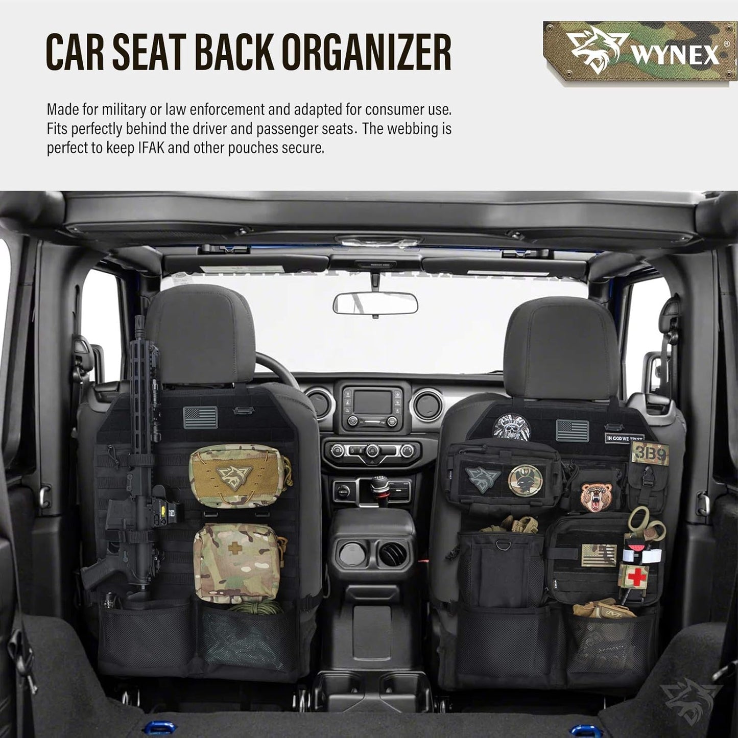 WYNEX Car Seat Organizer - Molle Backseat Cover with Visual Pocket & Sling Rack | Fits F150, Jeeps, Trucks