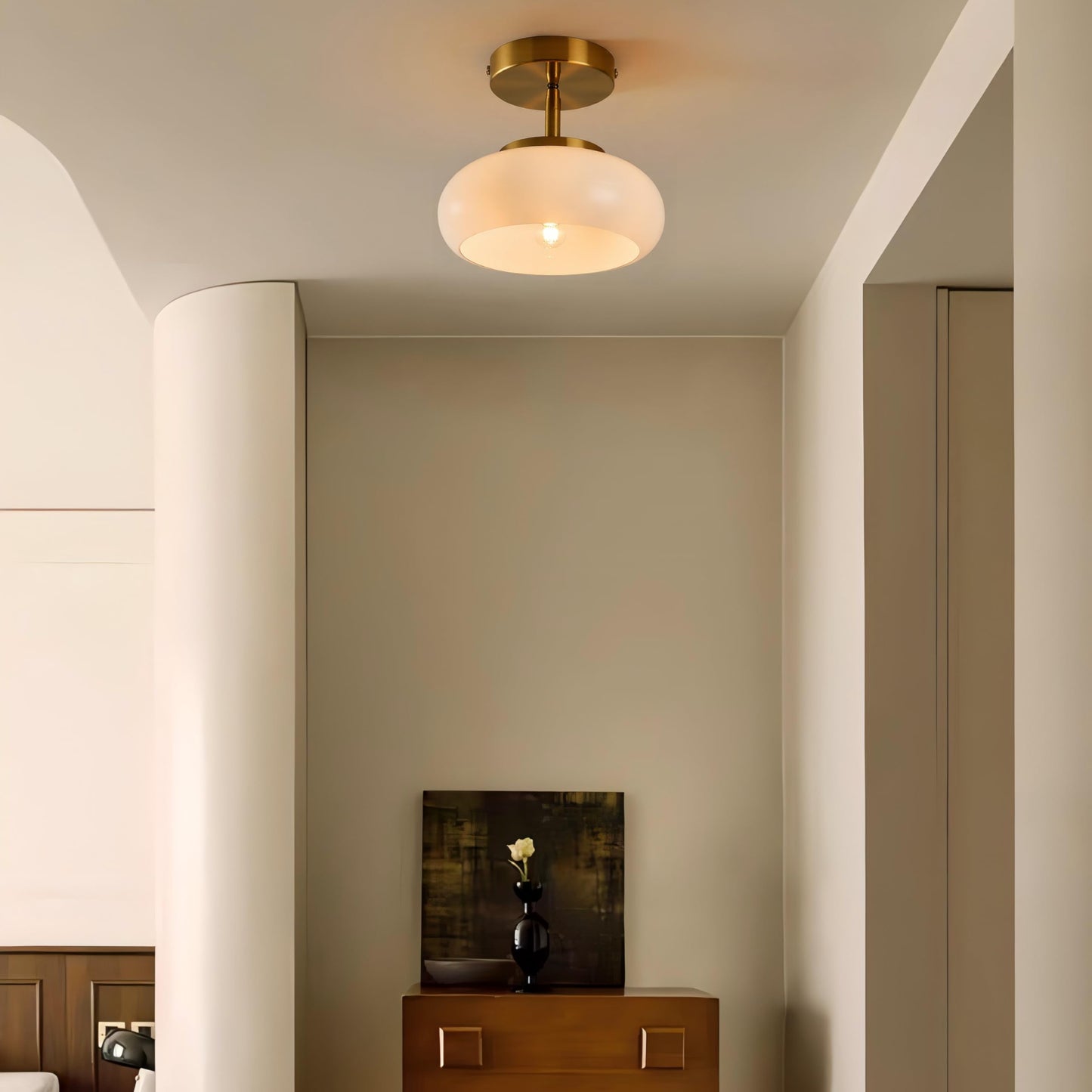 FCTWAKS 11" Modern Gold Semi Flush Mount Ceiling Light with Milk White Glass Shade, Mid Century Light Fixture for Hallway, Entryway, Dining Room, Kitchen