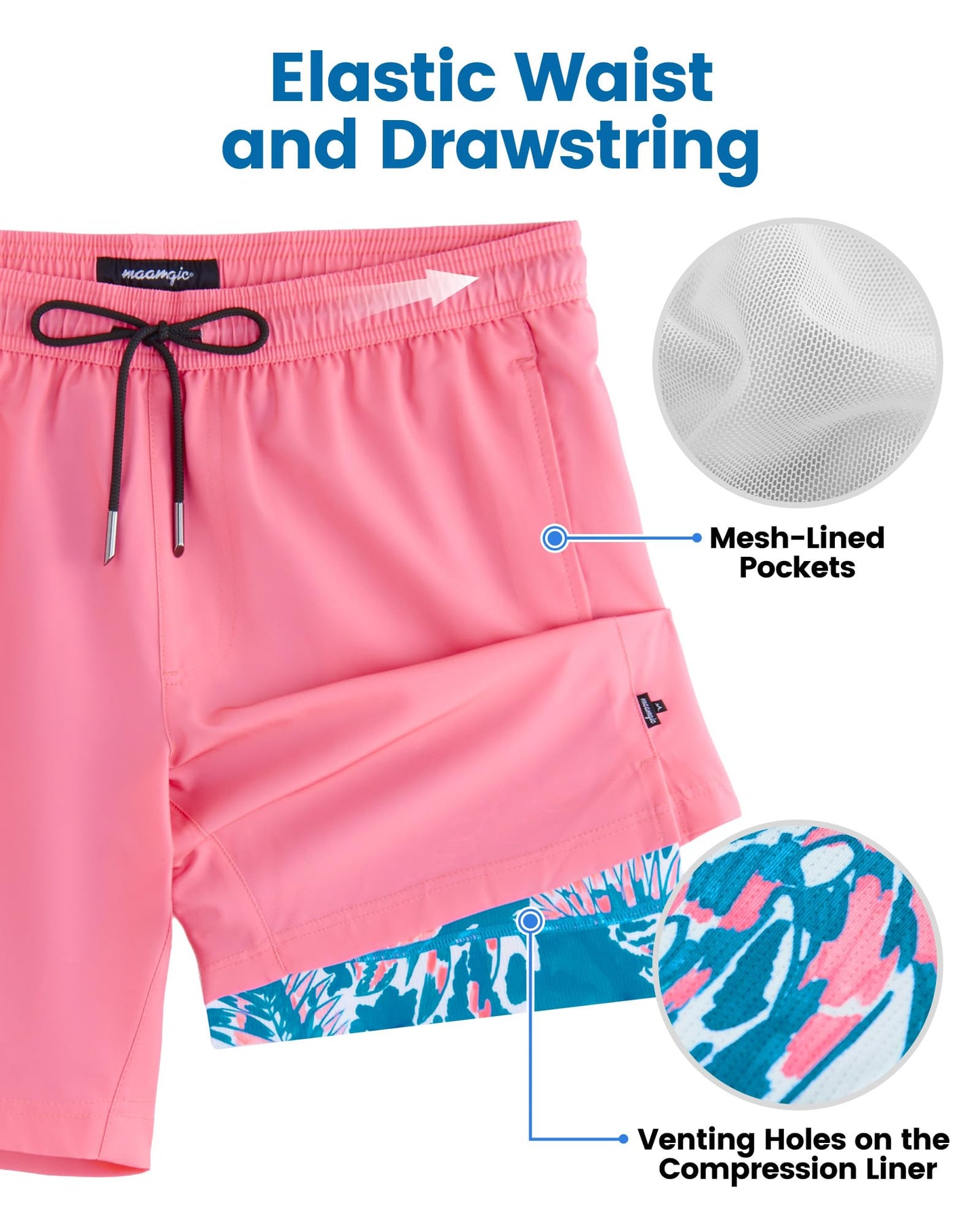 maamgic Mens Swim Trunks with Compression Liner 7 Inch Inseam Mens Bathing Suit Quick Dry Swimming Trunks Swimsuit Pink Flowers X-Large